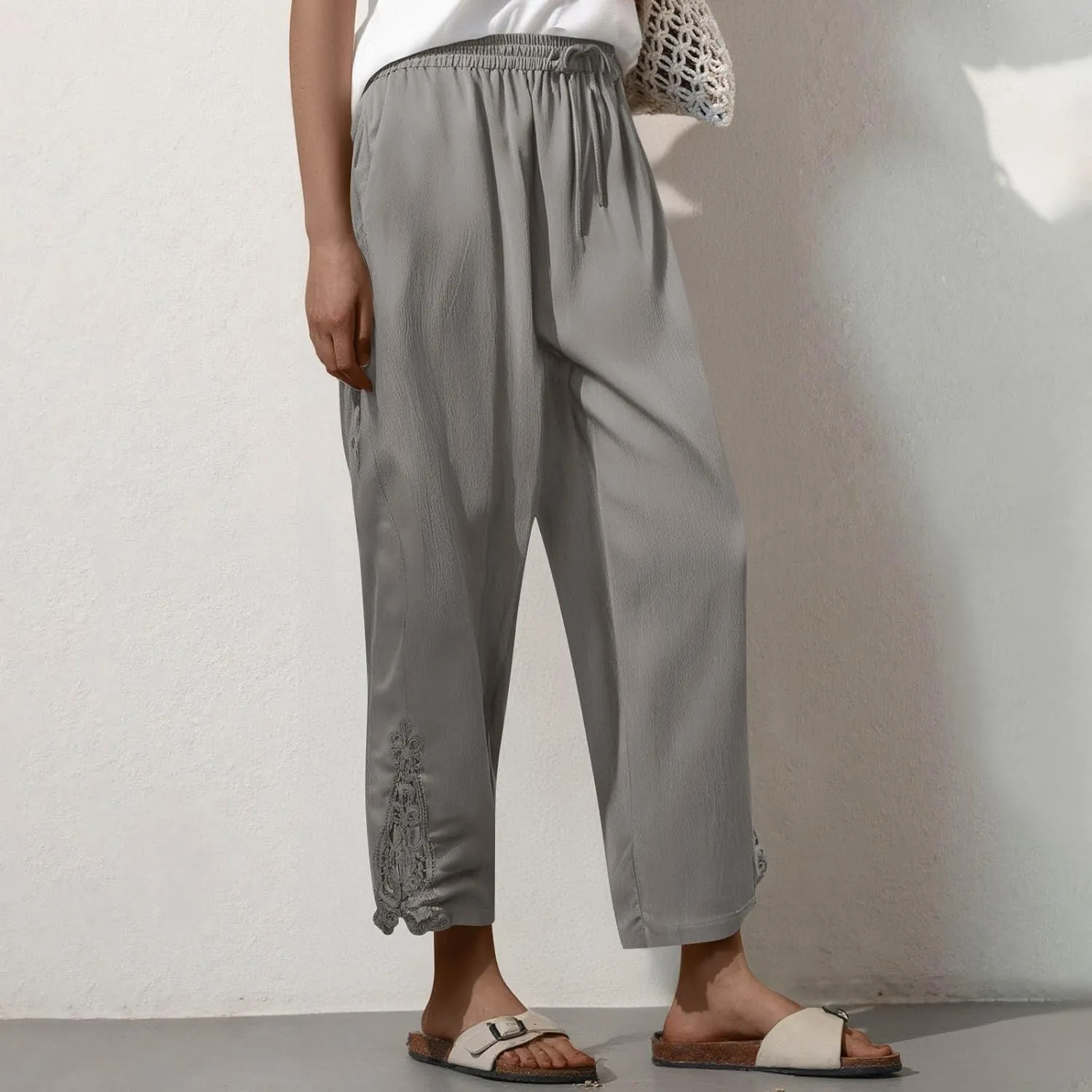 Cropped Linen Pants for Women 2025 Wide Leg Drawstring High Waisted Pants with Pockek Casual Summer Trousers for Seniors