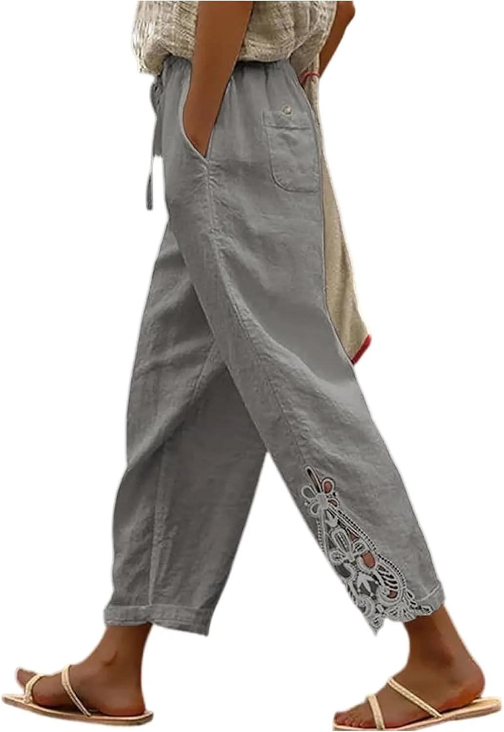 Cropped Linen Pants for Women 2025 Wide Leg Drawstring High Waisted Pants with Pockek Casual Summer Trousers for Seniors
