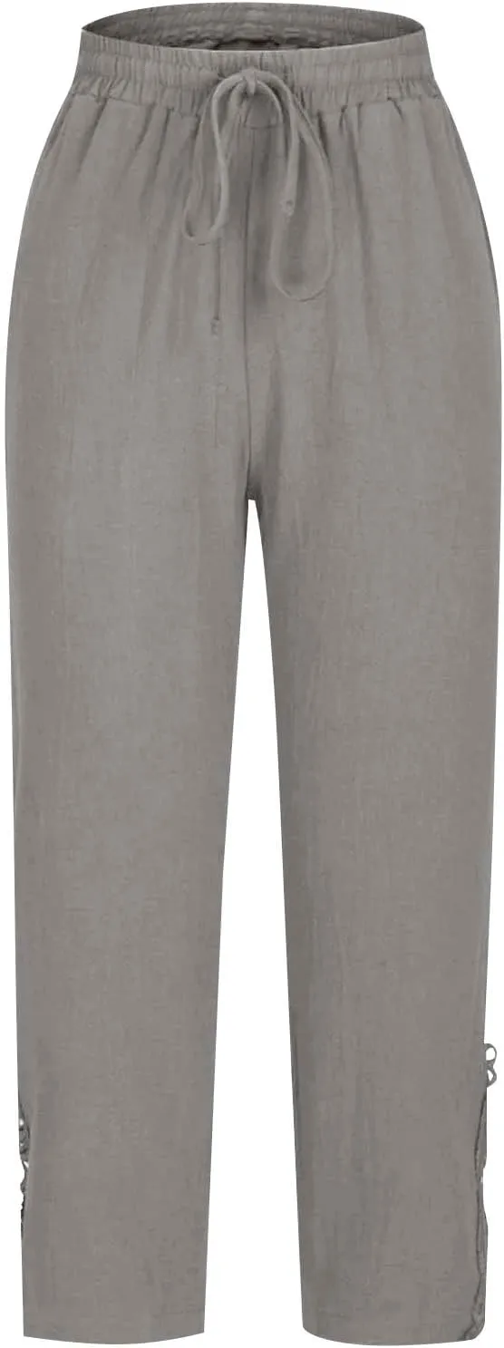Cropped Linen Pants for Women 2025 Wide Leg Drawstring High Waisted Pants with Pockek Casual Summer Trousers for Seniors