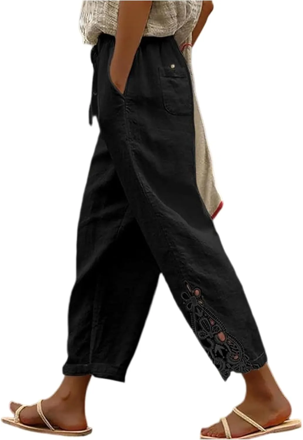 Cropped Linen Pants for Women 2025 Wide Leg Drawstring High Waisted Pants with Pockek Casual Summer Trousers for Seniors