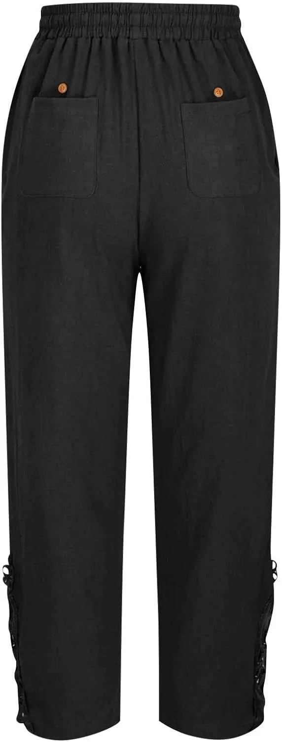 Cropped Linen Pants for Women 2025 Wide Leg Drawstring High Waisted Pants with Pockek Casual Summer Trousers for Seniors