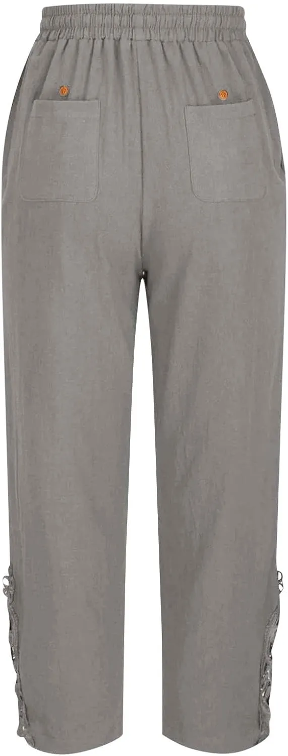 Cropped Linen Pants for Women 2025 Wide Leg Drawstring High Waisted Pants with Pockek Casual Summer Trousers for Seniors