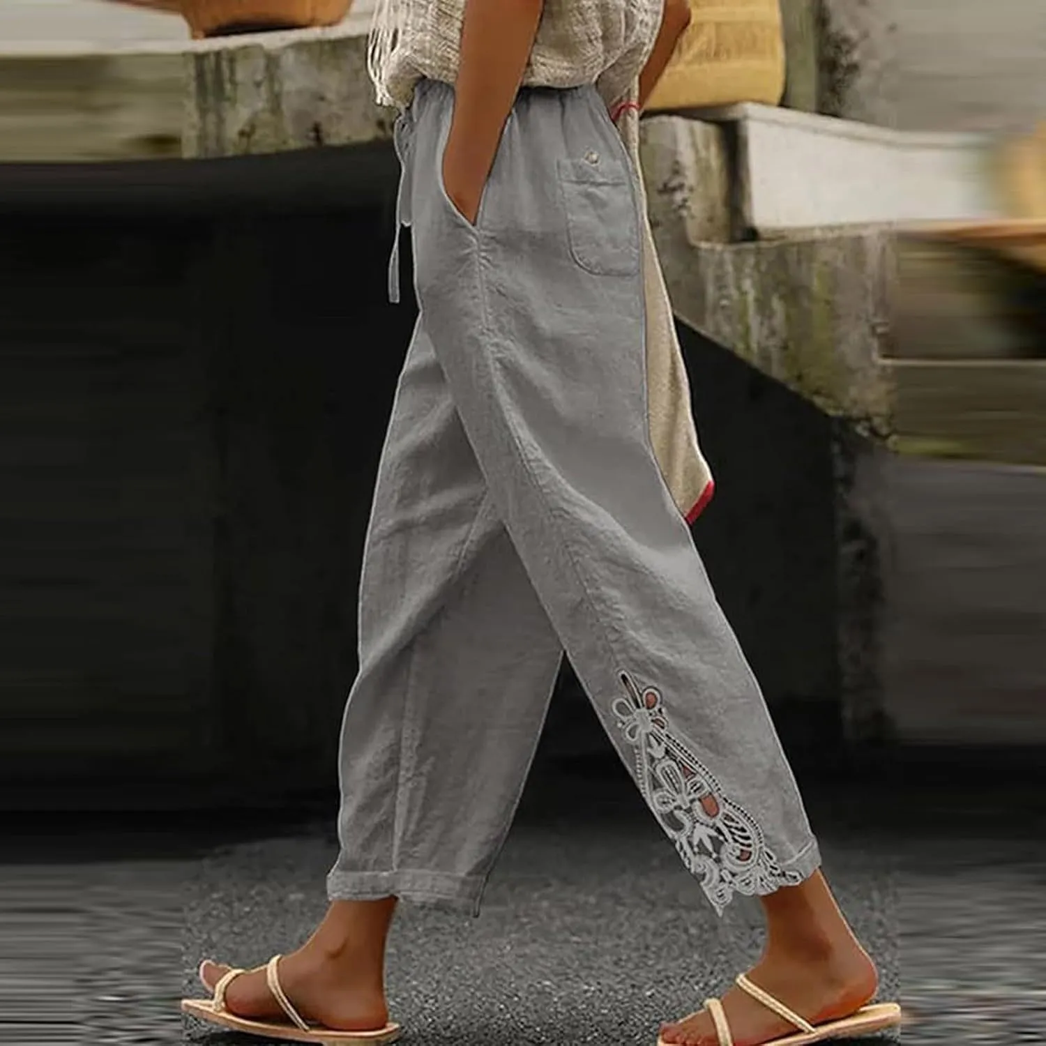 Cropped Linen Pants for Women 2025 Wide Leg Drawstring High Waisted Pants with Pockek Casual Summer Trousers for Seniors