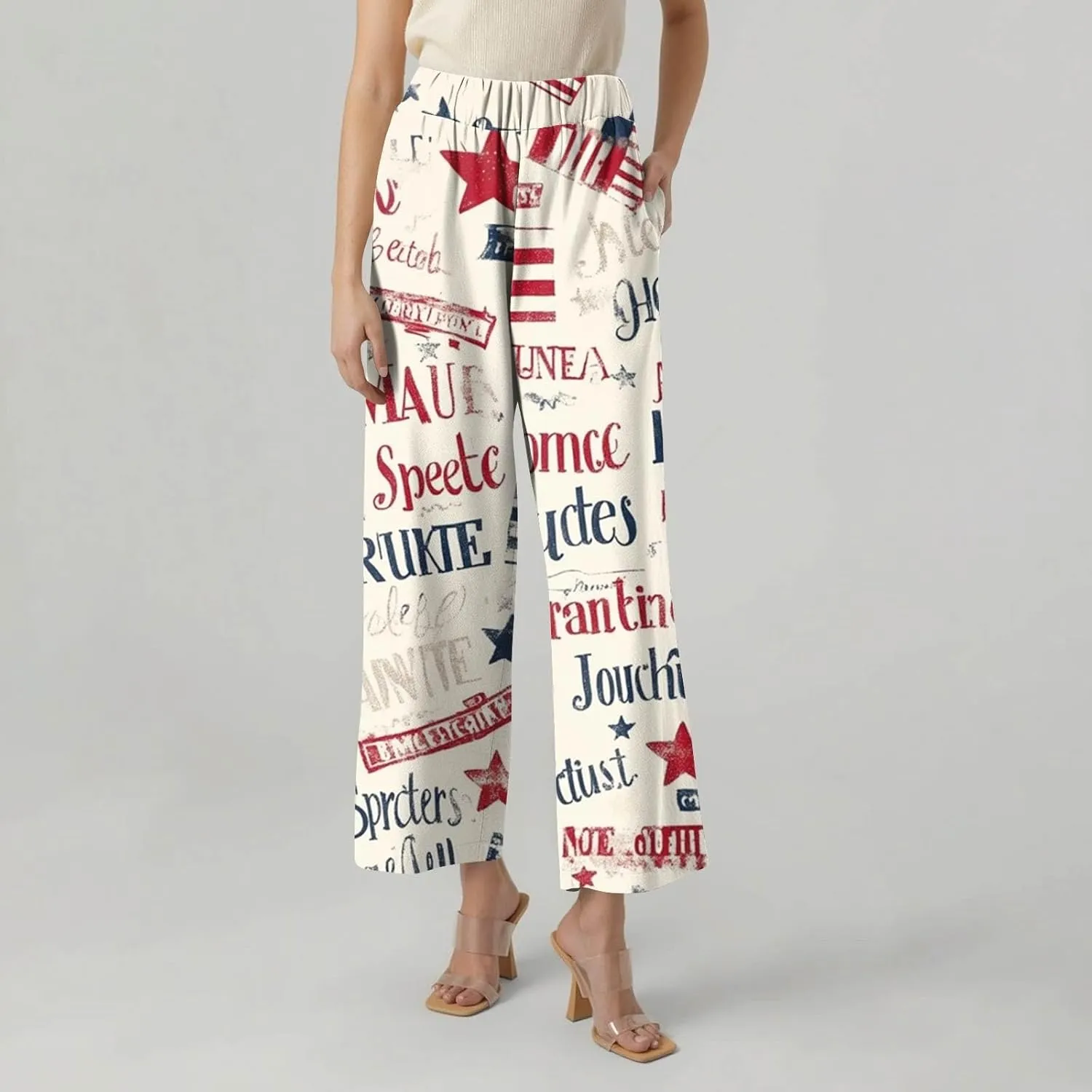 Cropped Linen Pants Women Plus Size High Waist Wide Leg Ankle Length Striped Pants Beach Vacation Trousers with Pockets