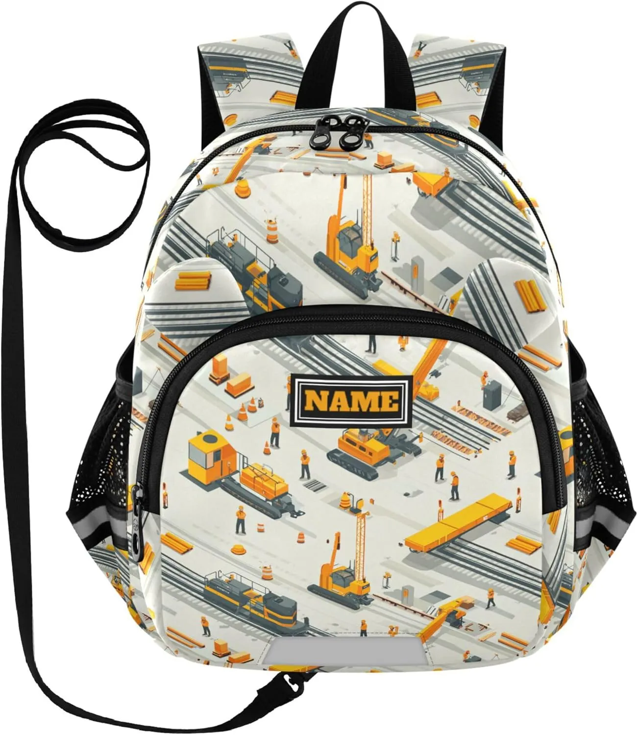 Custom Cute Ears School Backpacks Leash Kids Boy's/Girl's Anti-Lost Personalized Daycare Bag with Reflective Strip S Construction Scene Build A Railway Loader Crane