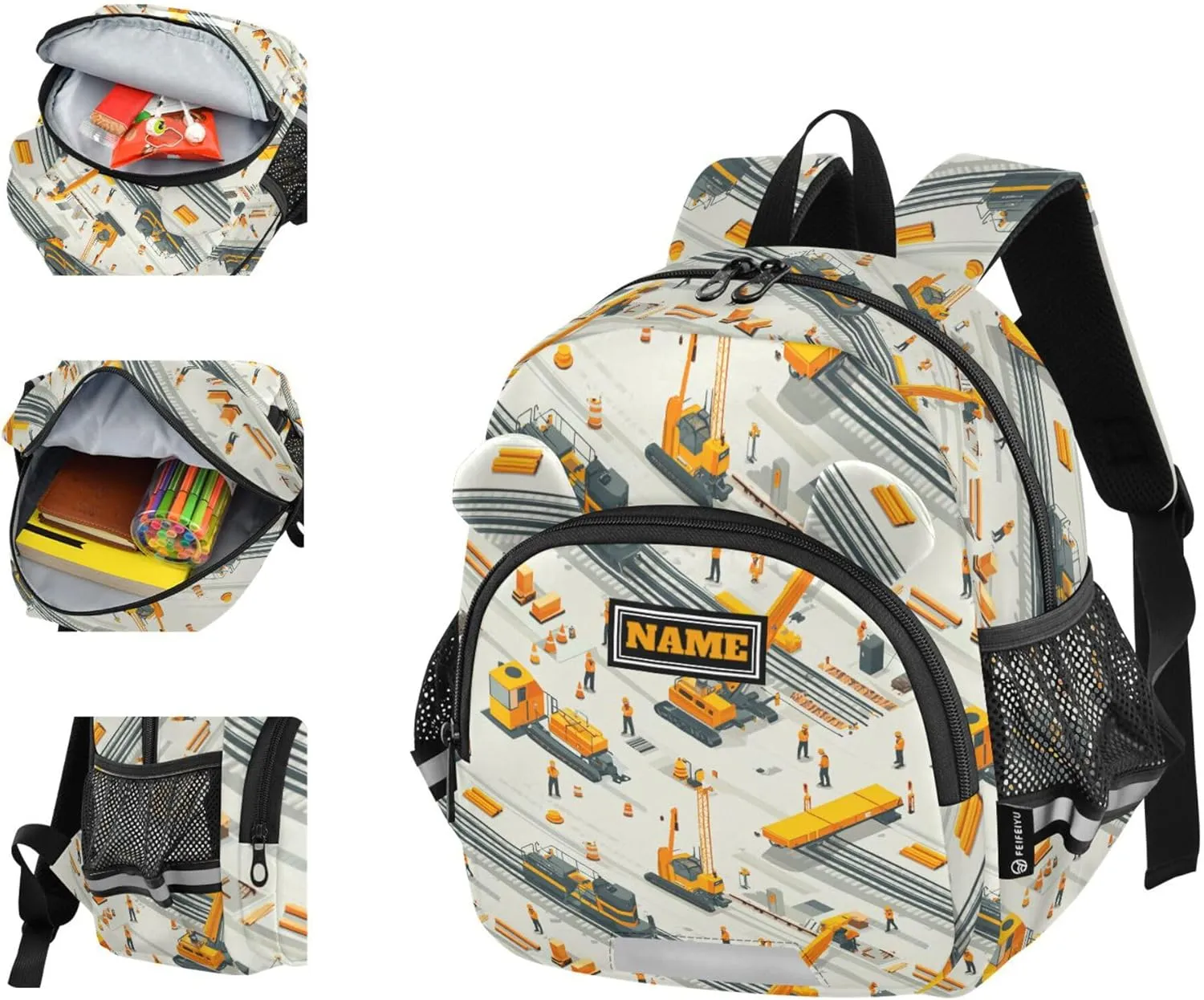 Custom Cute Ears School Backpacks Leash Kids Boy's/Girl's Anti-Lost Personalized Daycare Bag with Reflective Strip S Construction Scene Build A Railway Loader Crane