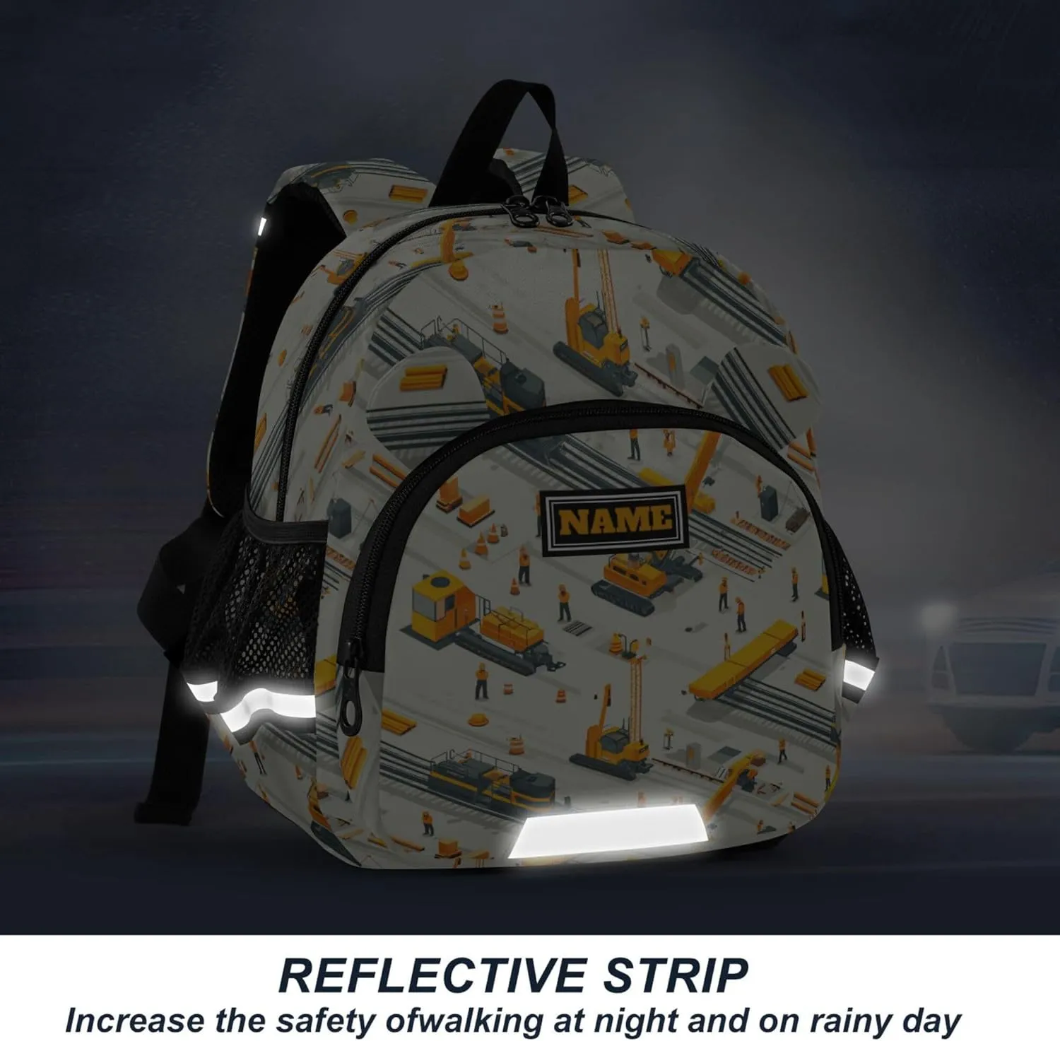 Custom Cute Ears School Backpacks Leash Kids Boy's/Girl's Anti-Lost Personalized Daycare Bag with Reflective Strip S Construction Scene Build A Railway Loader Crane