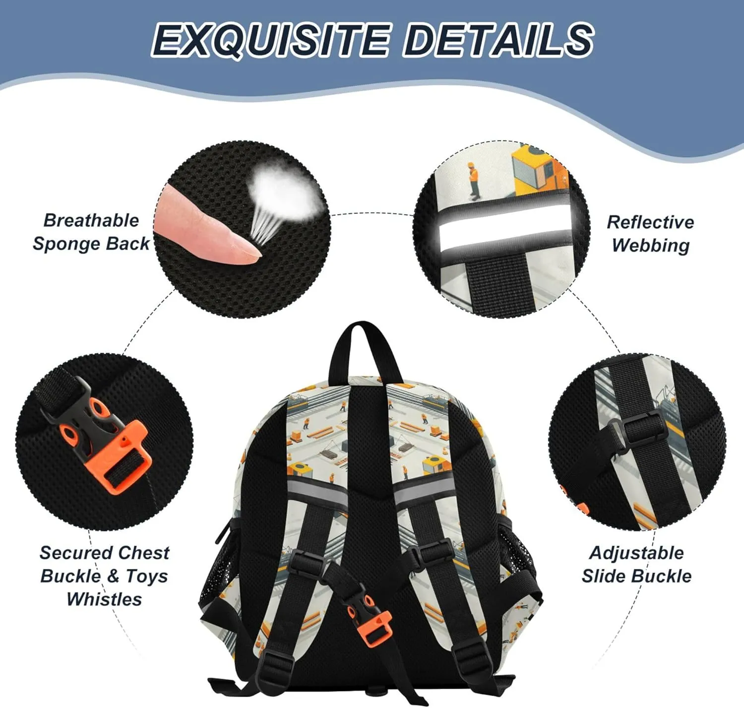 Custom Cute Ears School Backpacks Leash Kids Boy's/Girl's Anti-Lost Personalized Daycare Bag with Reflective Strip S Construction Scene Build A Railway Loader Crane