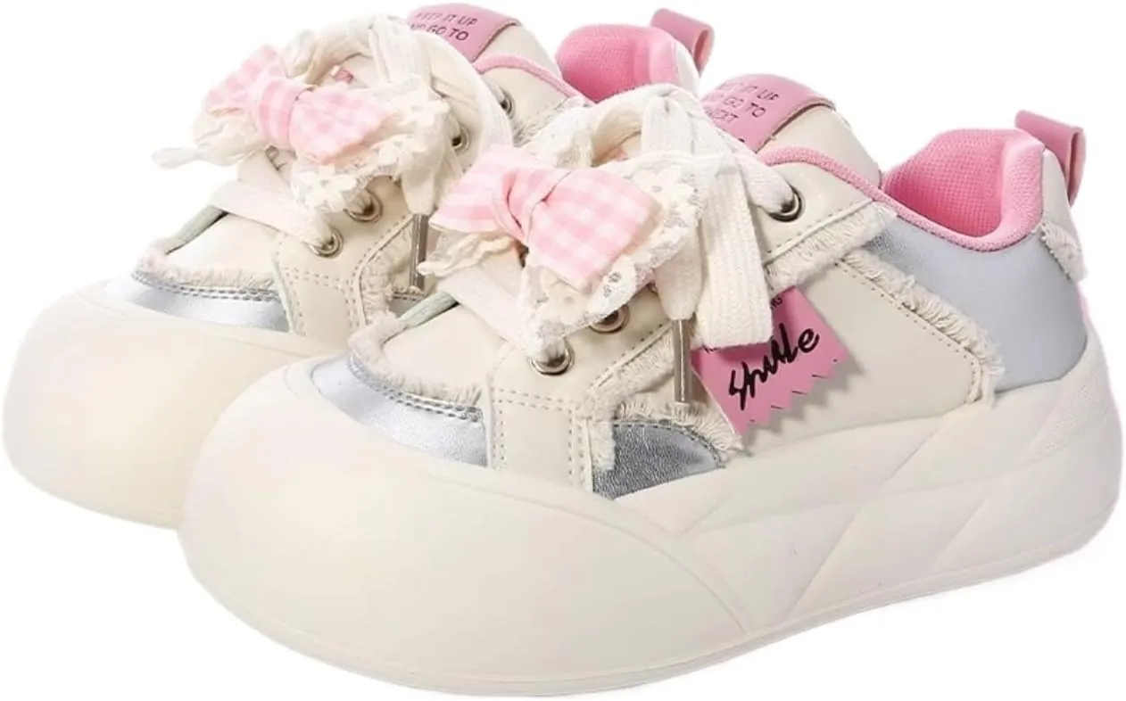 Cute Bow Sneakers for Women  Soft Girl Platform Sneakers, Lace-Up Gingham Patchwork White Shoes, Pastel Aesthetic Casual Walking Shoes Back to School