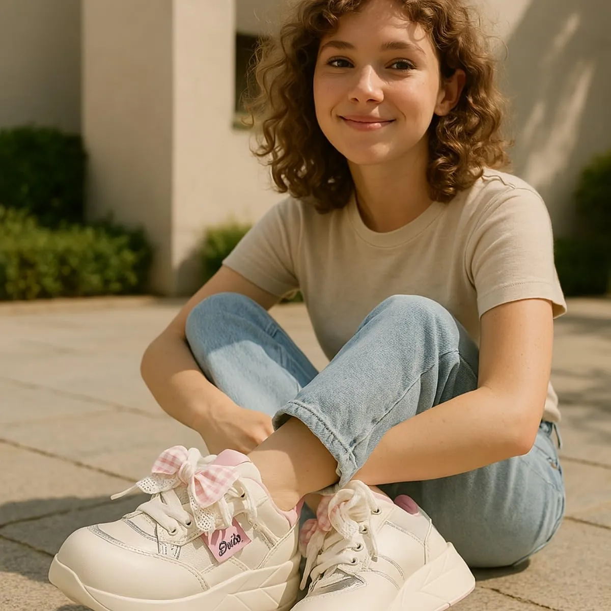 Cute Bow Sneakers for Women  Soft Girl Platform Sneakers, Lace-Up Gingham Patchwork White Shoes, Pastel Aesthetic Casual Walking Shoes Back to School