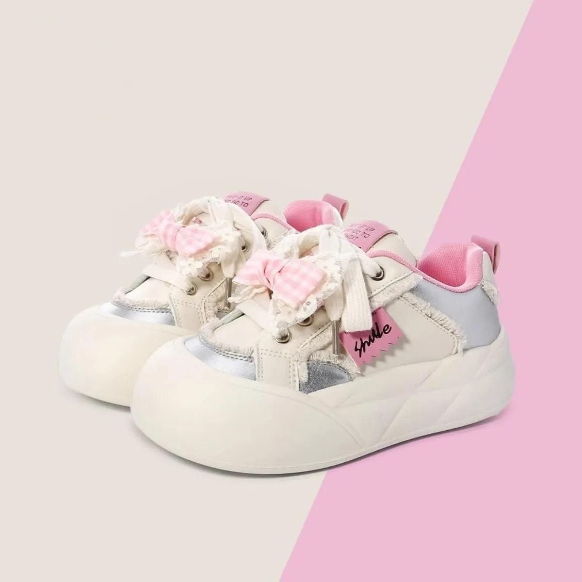 Cute Bow Sneakers for Women  Soft Girl Platform Sneakers, Lace-Up Gingham Patchwork White Shoes, Pastel Aesthetic Casual Walking Shoes Back to School