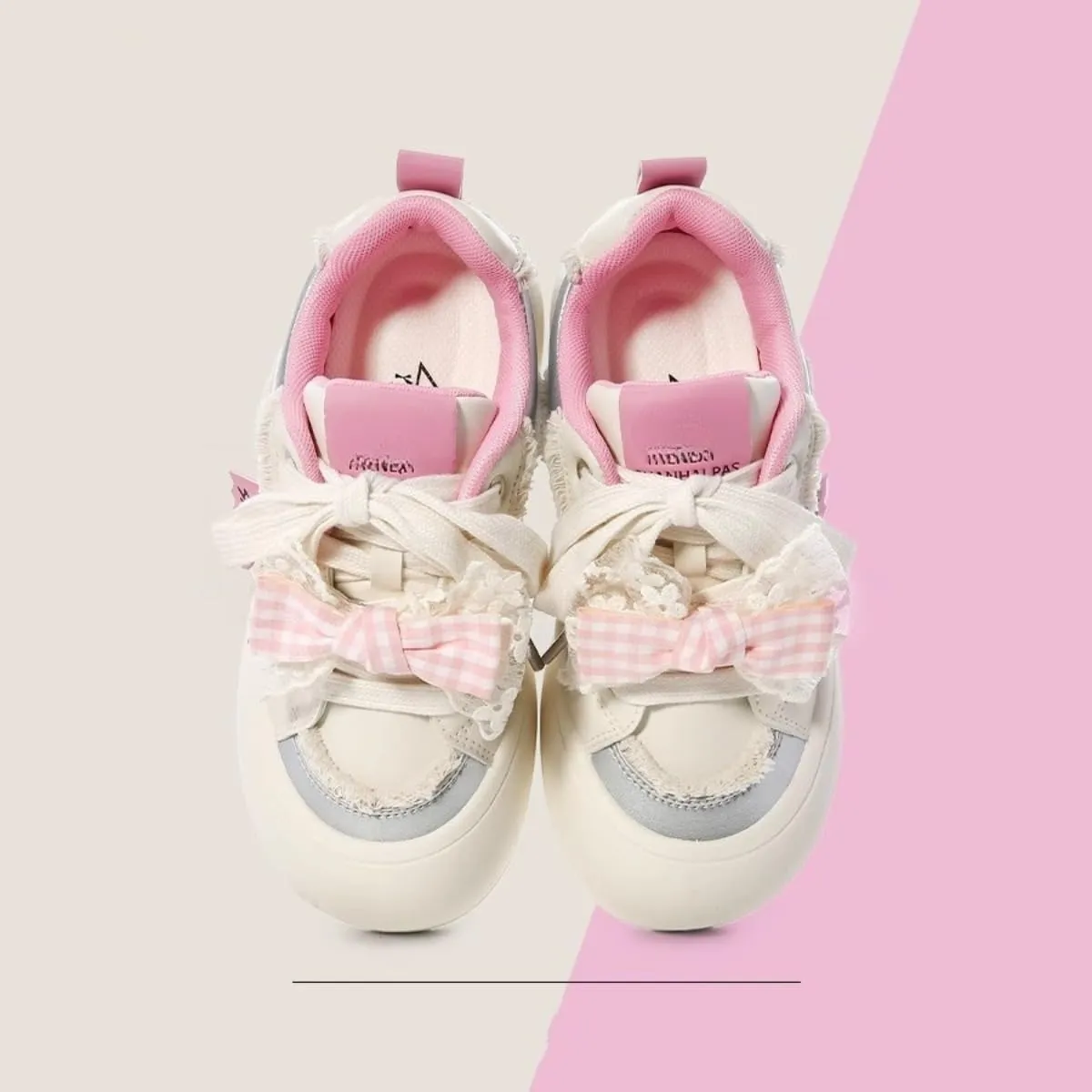 Cute Bow Sneakers for Women  Soft Girl Platform Sneakers, Lace-Up Gingham Patchwork White Shoes, Pastel Aesthetic Casual Walking Shoes Back to School