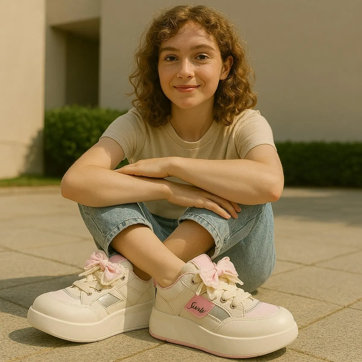 Cute Bow Sneakers for Women  Soft Girl Platform Sneakers, Lace-Up Gingham Patchwork White Shoes, Pastel Aesthetic Casual Walking Shoes Back to School