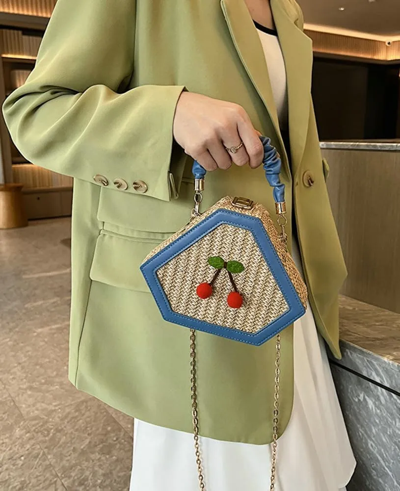 Cute Mini Handbags for Women Hand-woven Summer Tote Bag Evening Clutch Cherry Straw Weave Novelty Small Purses