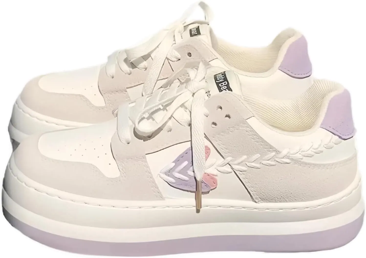 Cute Platform Sneakers for Girls, Embroidered Heart Leaf Tennis Shoes, Lace-Up, Height Boost, Y2K Preppy Casual, Soft Pastel