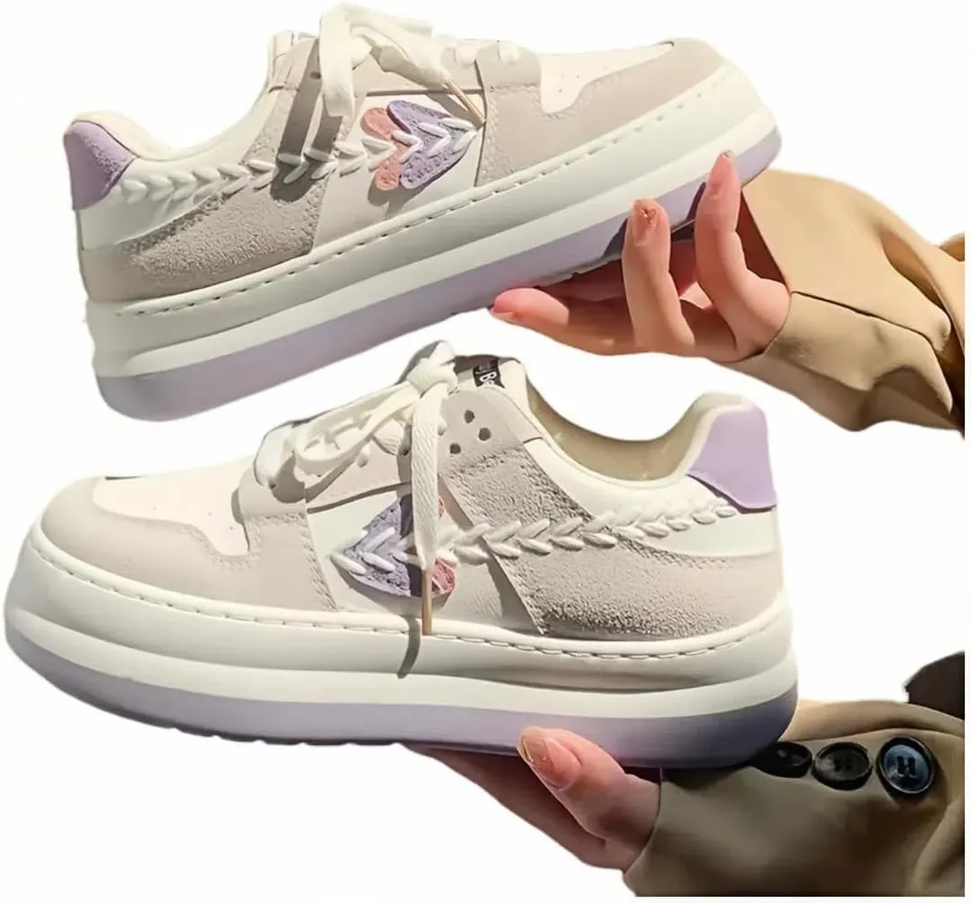 Cute Platform Sneakers for Girls, Embroidered Heart Leaf Tennis Shoes, Lace-Up, Height Boost, Y2K Preppy Casual, Soft Pastel