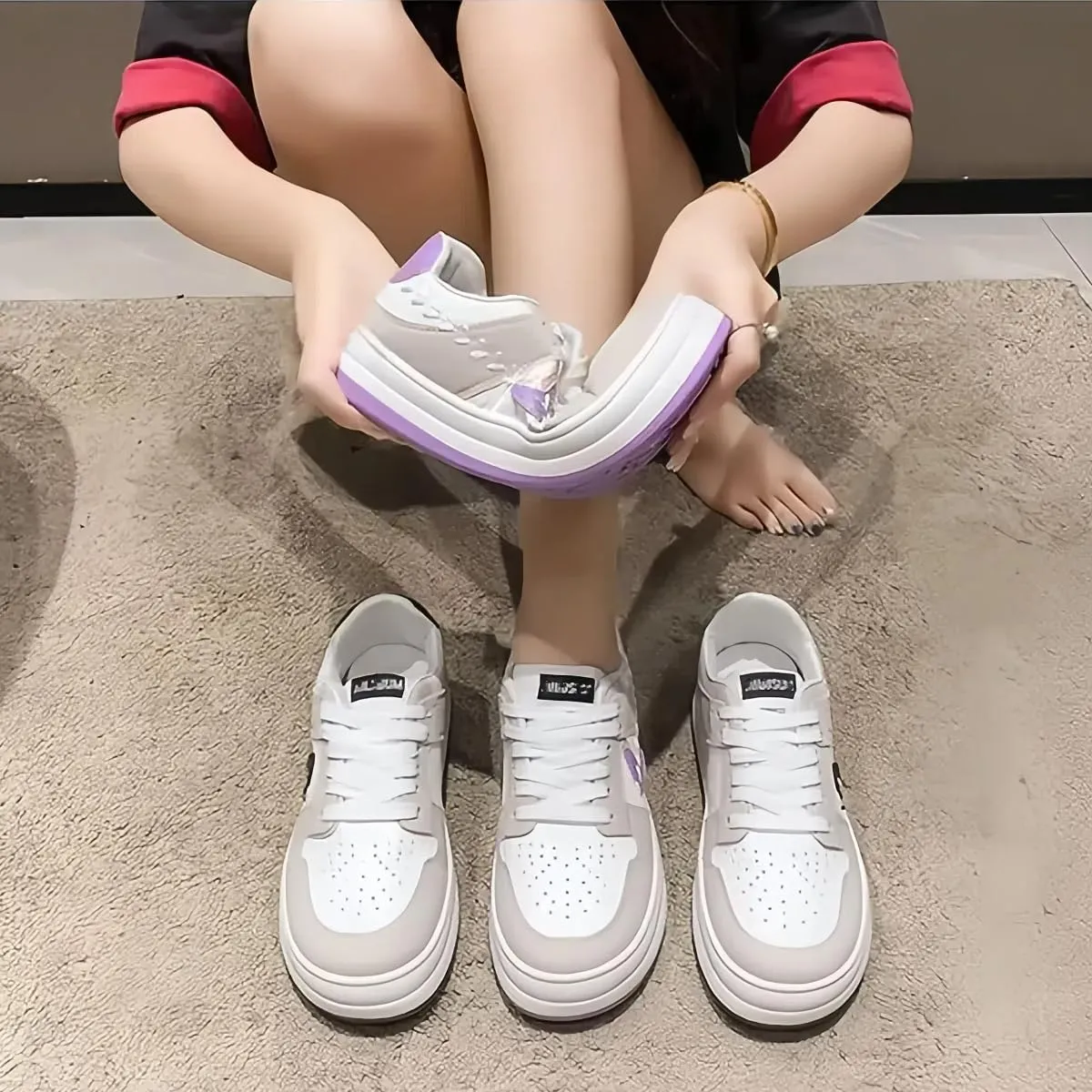 Cute Platform Sneakers for Girls, Embroidered Heart Leaf Tennis Shoes, Lace-Up, Height Boost, Y2K Preppy Casual, Soft Pastel