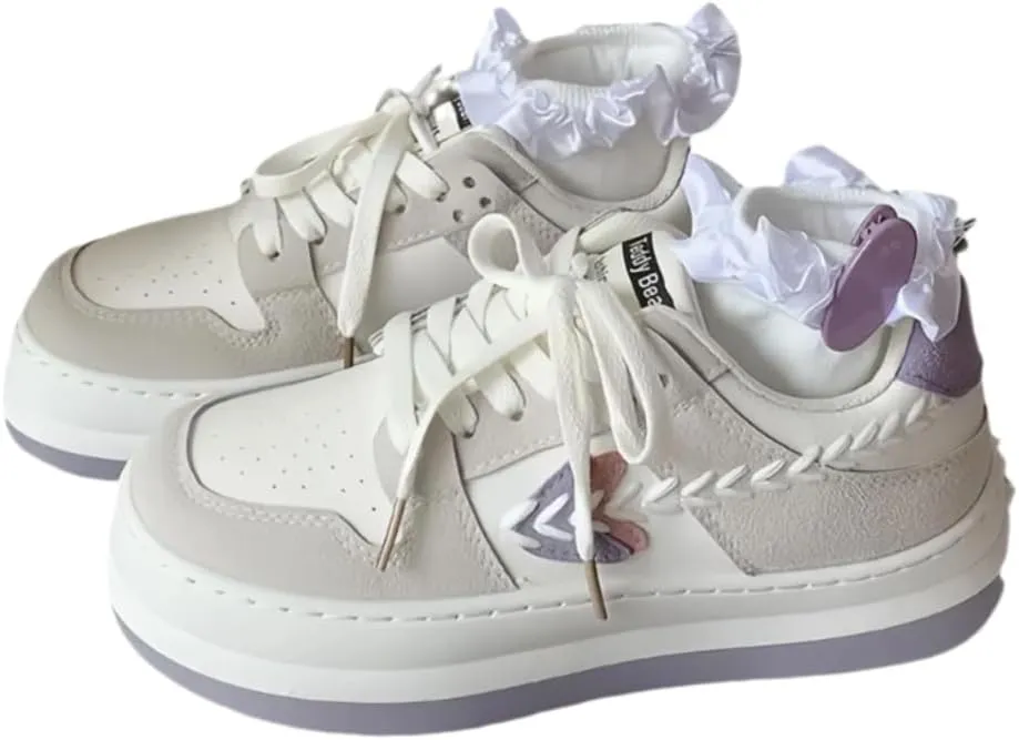 Cute Platform Sneakers for Girls, Embroidered Heart Leaf Tennis Shoes, Lace-Up, Height Boost, Y2K Preppy Casual, Soft Pastel