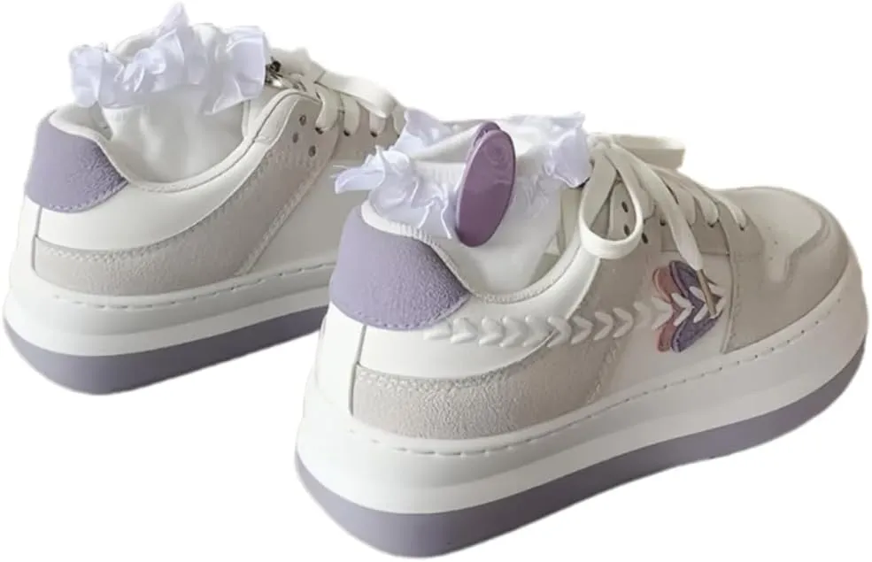 Cute Platform Sneakers for Girls, Embroidered Heart Leaf Tennis Shoes, Lace-Up, Height Boost, Y2K Preppy Casual, Soft Pastel