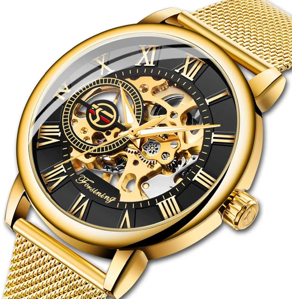 Dentily Men's Skeleton Watch Classic Roman Numeral Steampunk Mechanical Watch Hand-Wind Mens Watches (Blue)