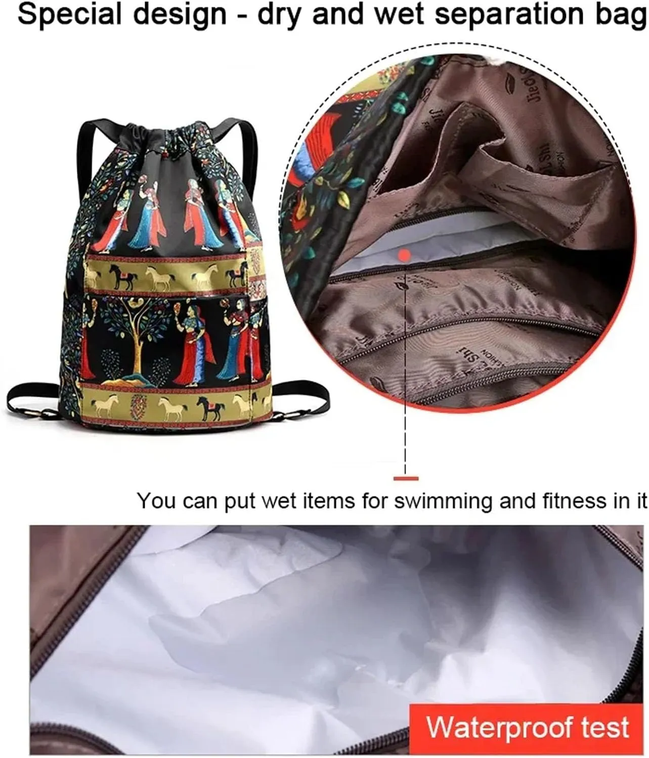 Drawstring Foldable Large Capacity Dry-wet Separation Travel Sports Backpack Waterproof Gym Bag with Multiple Pockets (Dark Blue)