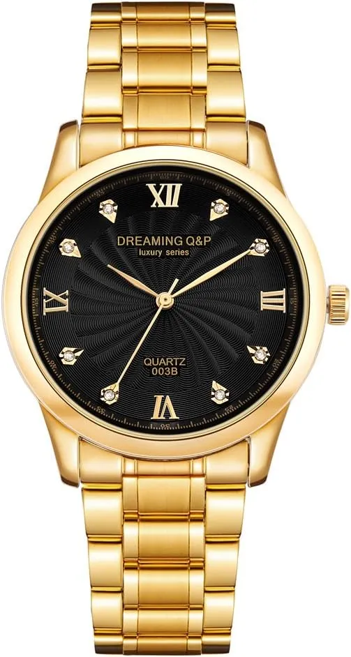DREAMING Q&P IP Gold Plating Steel Roman Numeral Dial with Rhinestones Mens Wrist Watches for Man Black 003