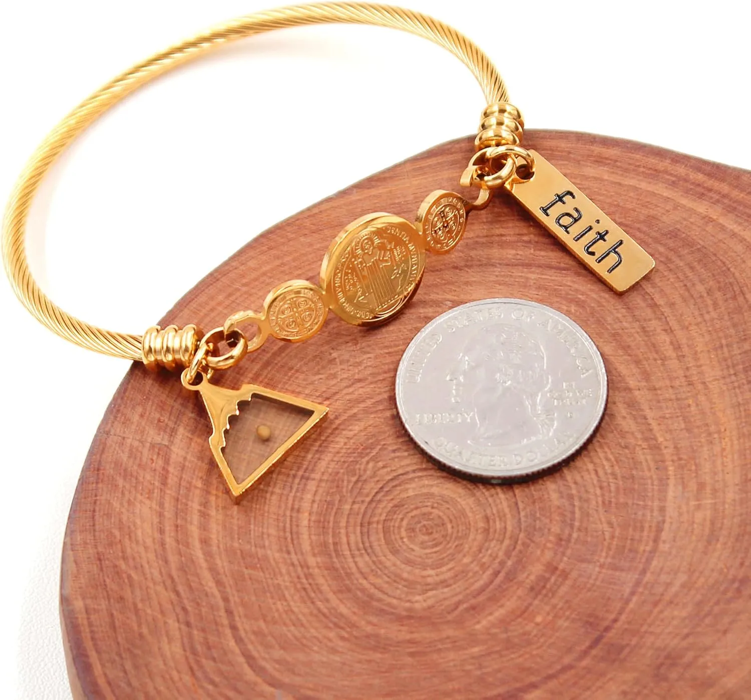 Faith Mustard Seed Jewelry Saint Benedict Medal Bangle Bracelet Stainless Steel CSPB Cross Bracelet Inspirational Christian Religious Gifts