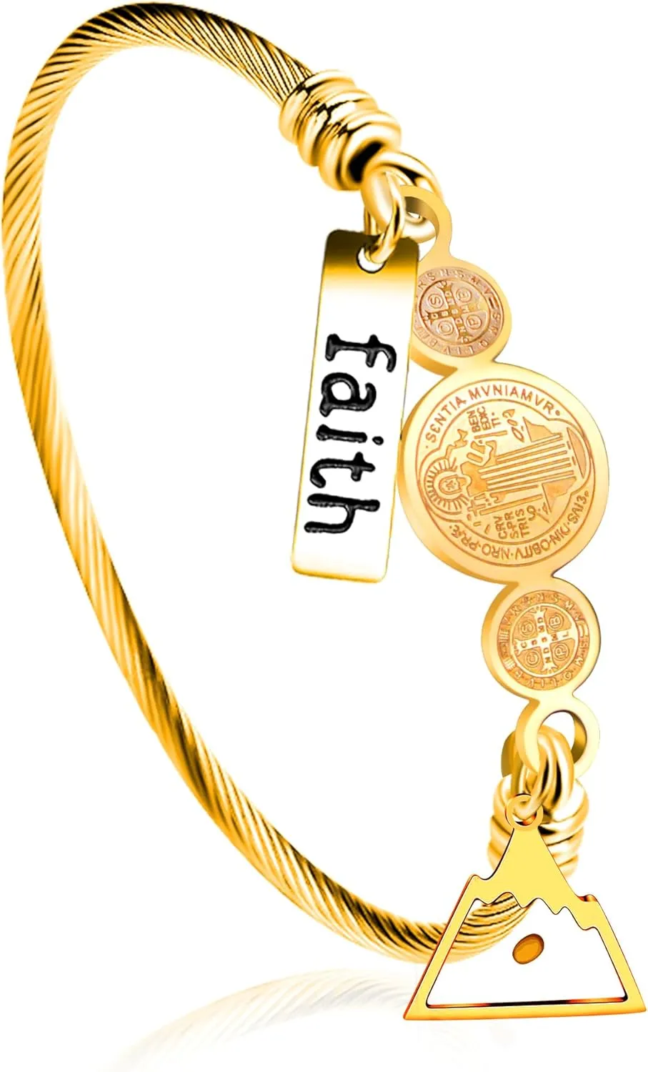 Faith Mustard Seed Jewelry Saint Benedict Medal Bangle Bracelet Stainless Steel CSPB Cross Bracelet Inspirational Christian Religious Gifts