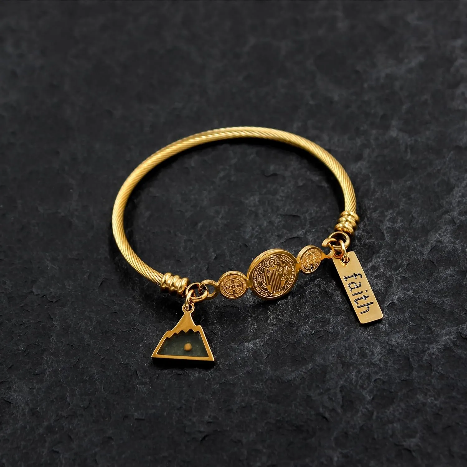 Faith Mustard Seed Jewelry Saint Benedict Medal Bangle Bracelet Stainless Steel CSPB Cross Bracelet Inspirational Christian Religious Gifts