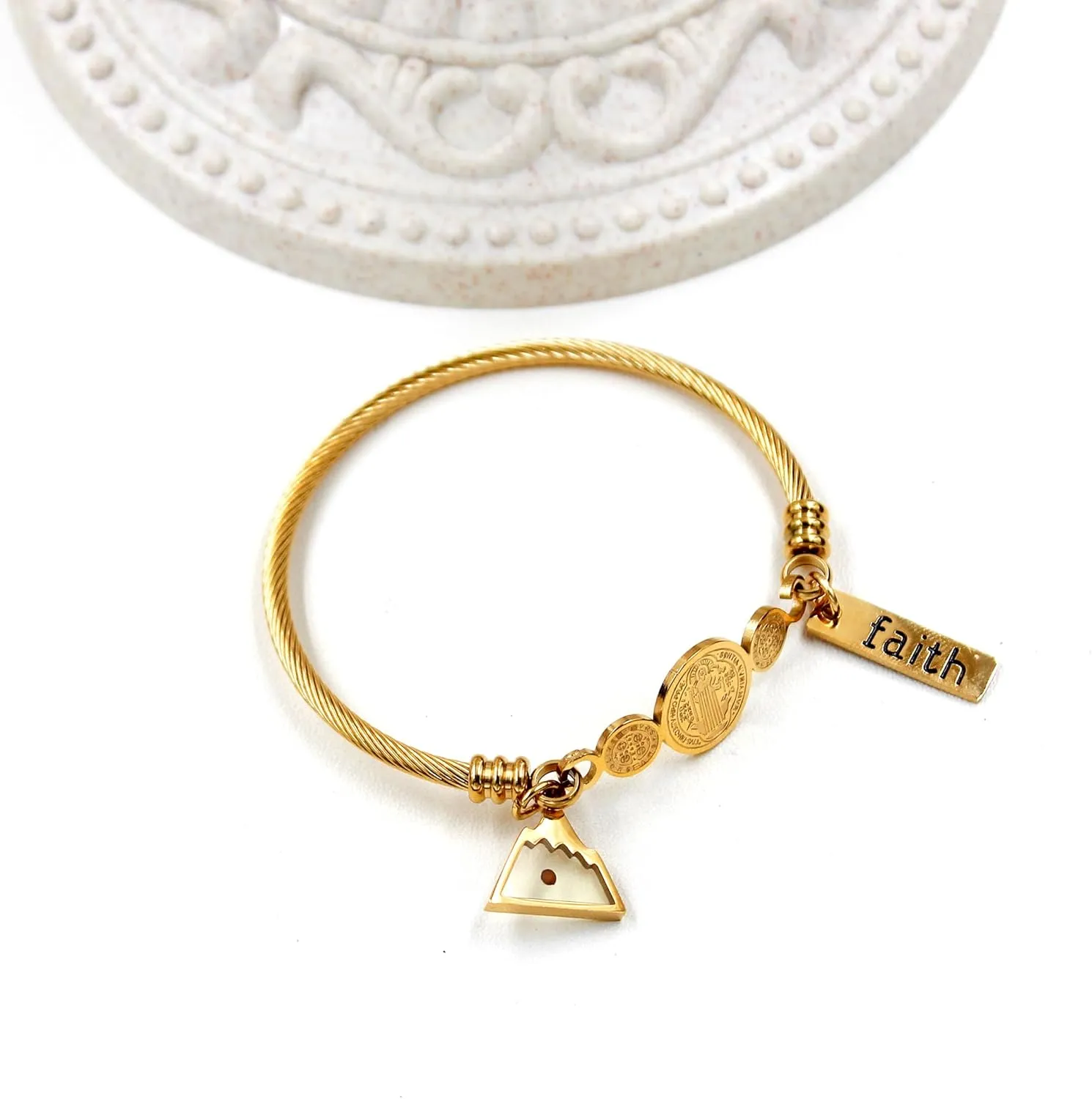 Faith Mustard Seed Jewelry Saint Benedict Medal Bangle Bracelet Stainless Steel CSPB Cross Bracelet Inspirational Christian Religious Gifts
