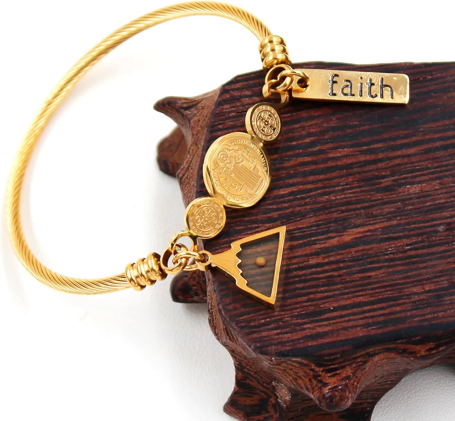 Faith Mustard Seed Jewelry Saint Benedict Medal Bangle Bracelet Stainless Steel CSPB Cross Bracelet Inspirational Christian Religious Gifts