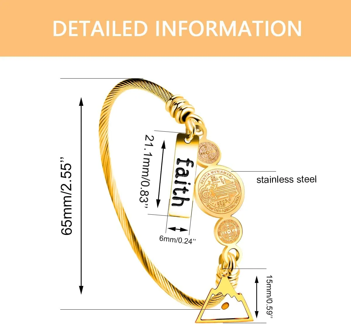 Faith Mustard Seed Jewelry Saint Benedict Medal Bangle Bracelet Stainless Steel CSPB Cross Bracelet Inspirational Christian Religious Gifts