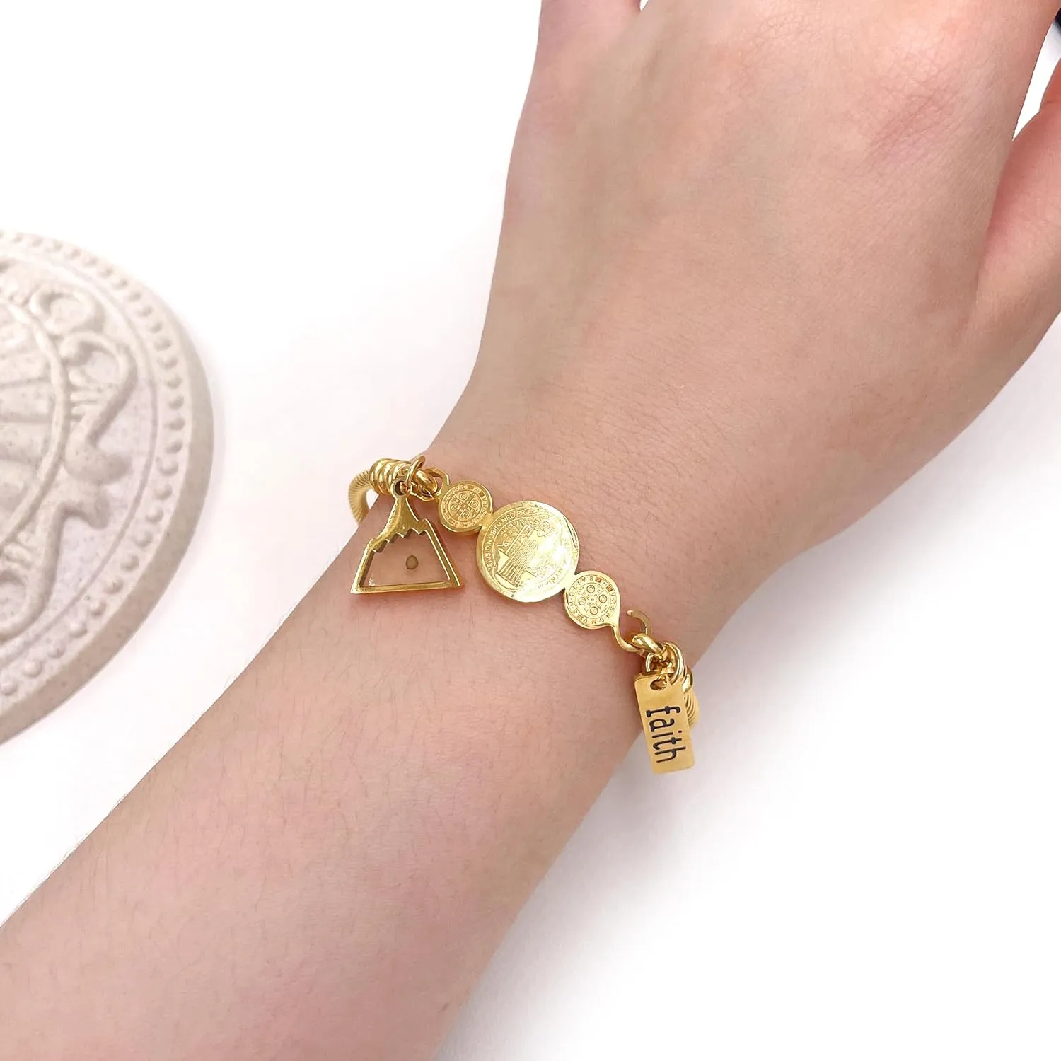 Faith Mustard Seed Jewelry Saint Benedict Medal Bangle Bracelet Stainless Steel CSPB Cross Bracelet Inspirational Christian Religious Gifts
