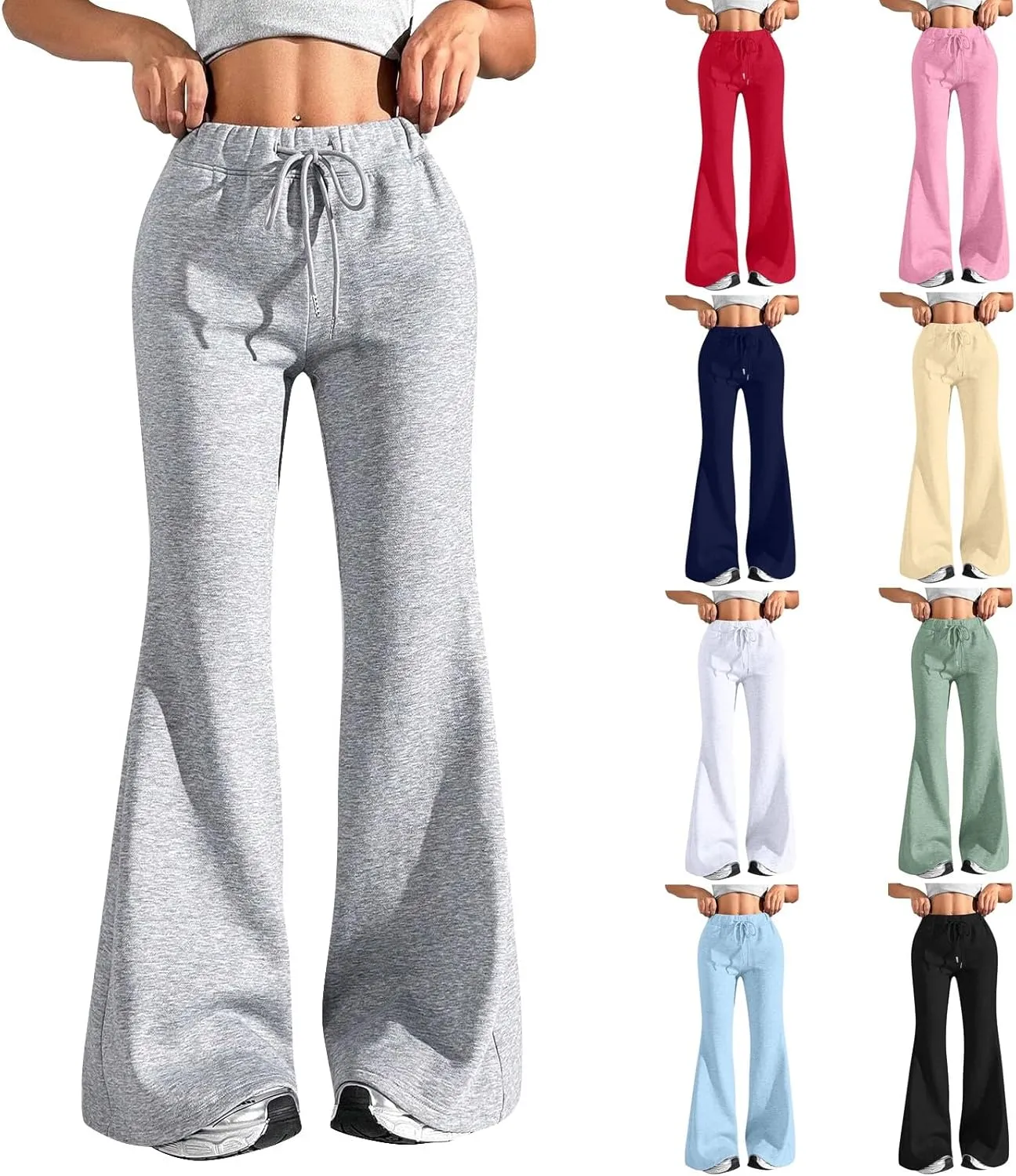 Flared Sweatpants for Women Baggy Drawstring High Waisted Yoga Pants Bell Bottom Tummy Control Sweat Pants w/Pockets