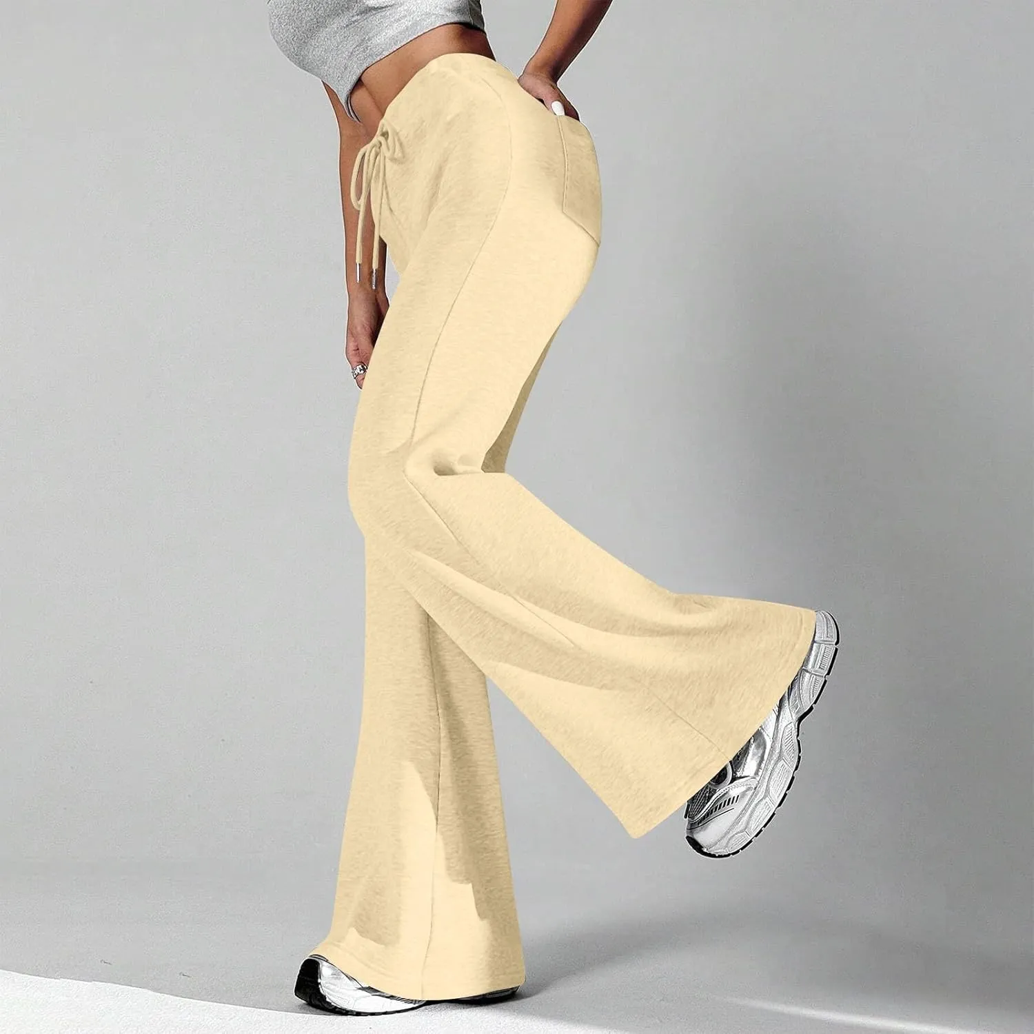 Flared Sweatpants for Women Baggy Drawstring High Waisted Yoga Pants Bell Bottom Tummy Control Sweat Pants w/Pockets