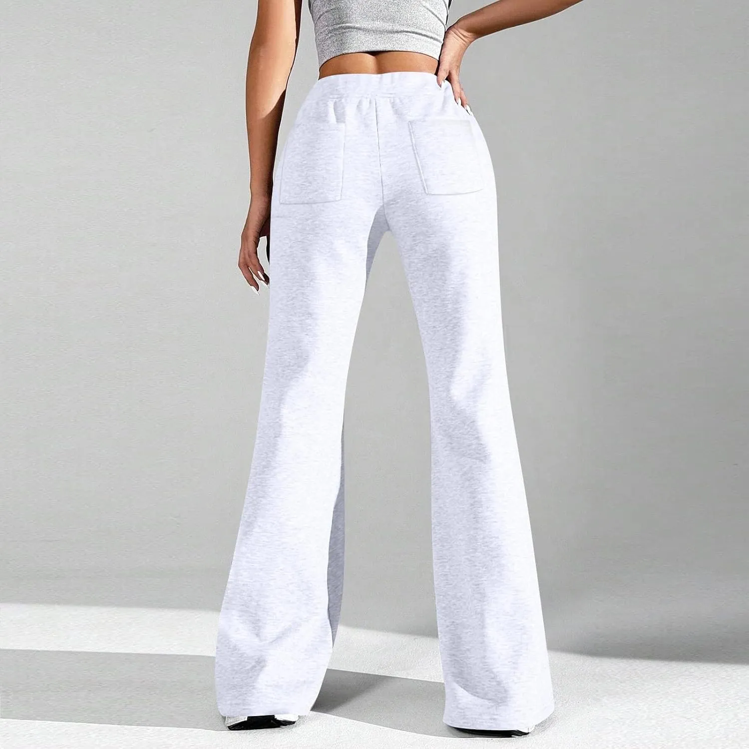 Flared Sweatpants for Women Baggy Drawstring High Waisted Yoga Pants Bell Bottom Tummy Control Sweat Pants w/Pockets