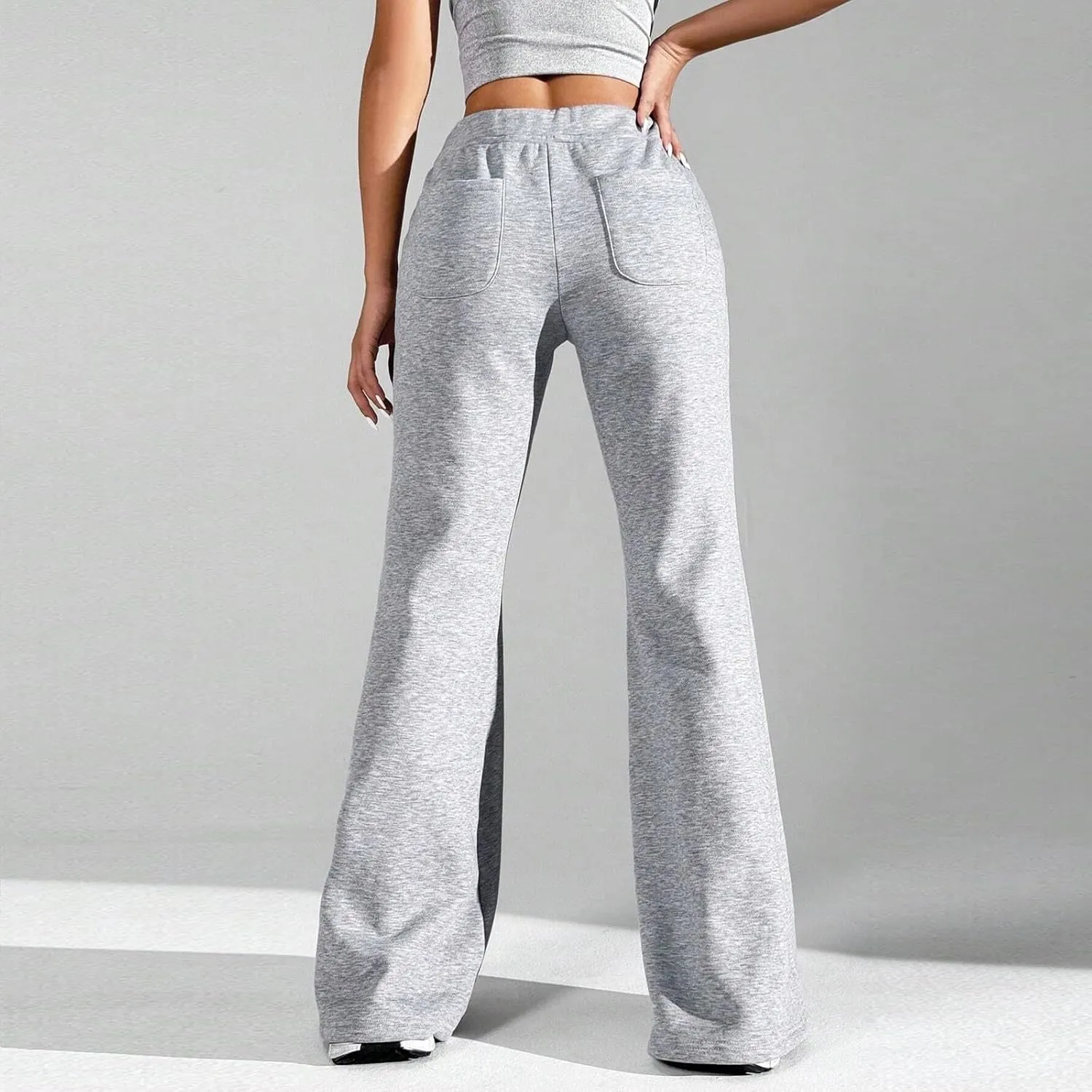 Flared Sweatpants for Women Baggy Drawstring High Waisted Yoga Pants Bell Bottom Tummy Control Sweat Pants w/Pockets