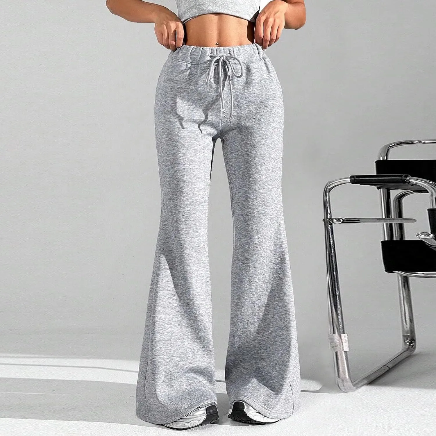 Flared Sweatpants for Women Baggy Drawstring High Waisted Yoga Pants Bell Bottom Tummy Control Sweat Pants w/Pockets