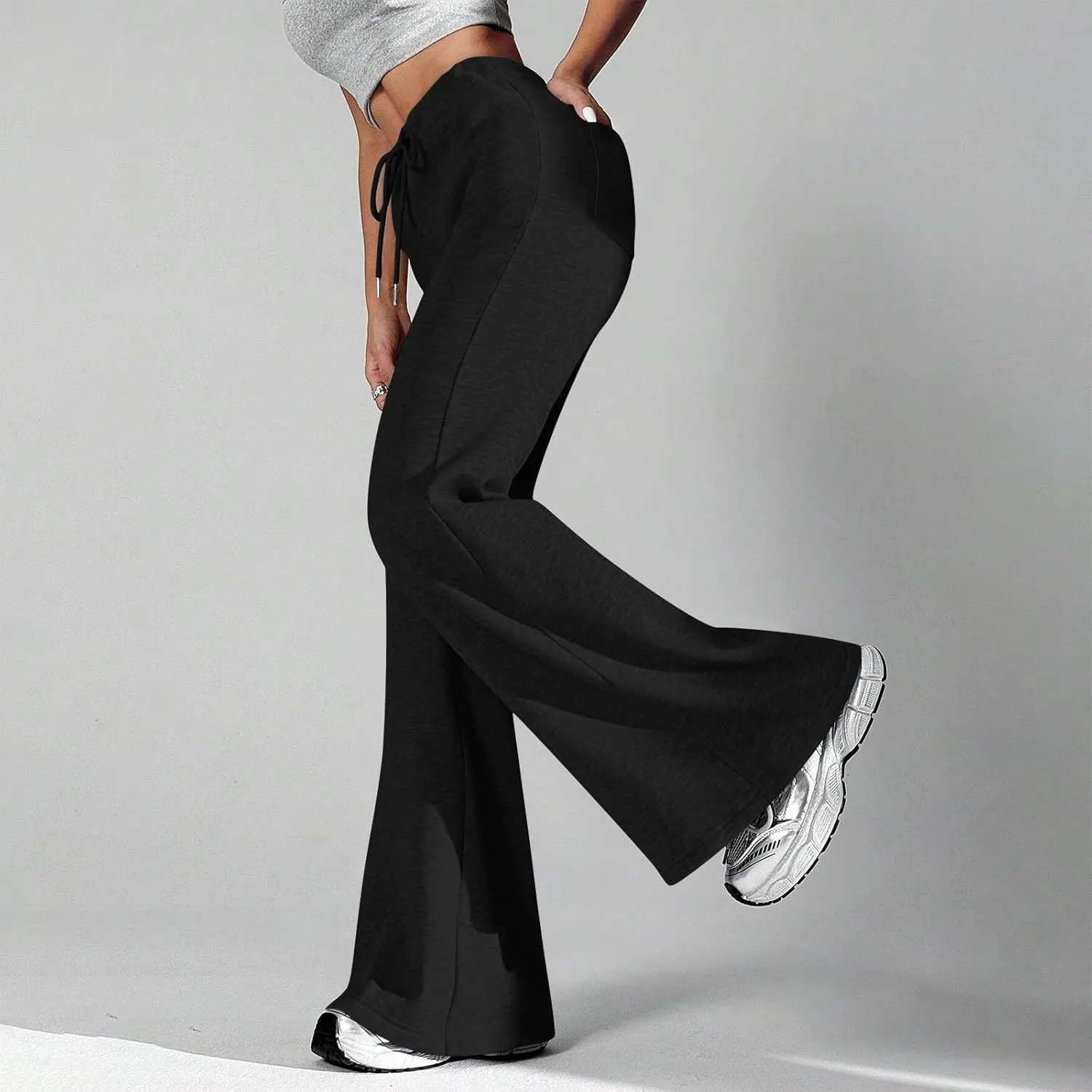 Flared Sweatpants for Women Baggy Drawstring High Waisted Yoga Pants Bell Bottom Tummy Control Sweat Pants w/Pockets