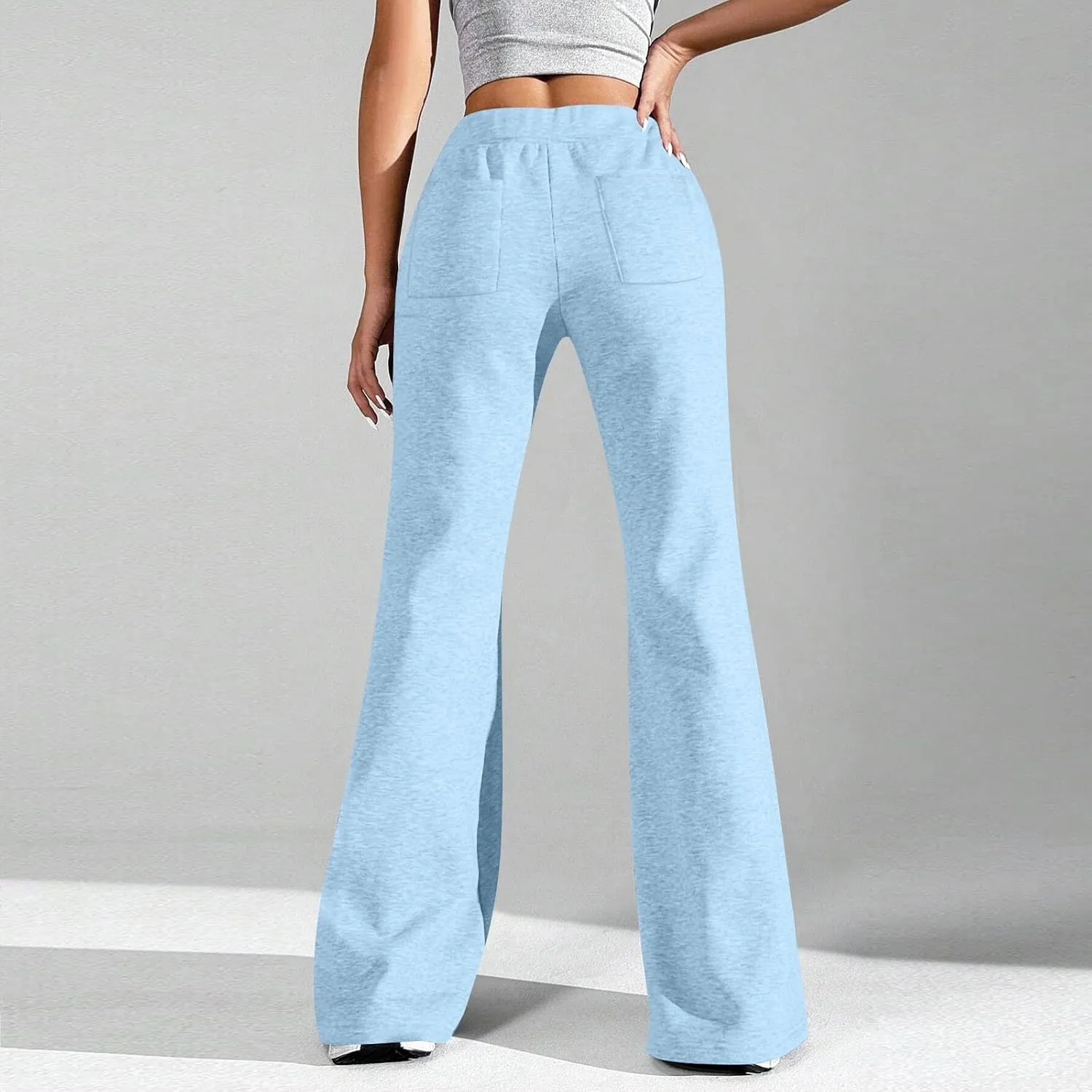 Flared Sweatpants for Women Baggy Drawstring High Waisted Yoga Pants Bell Bottom Tummy Control Sweat Pants w/Pockets
