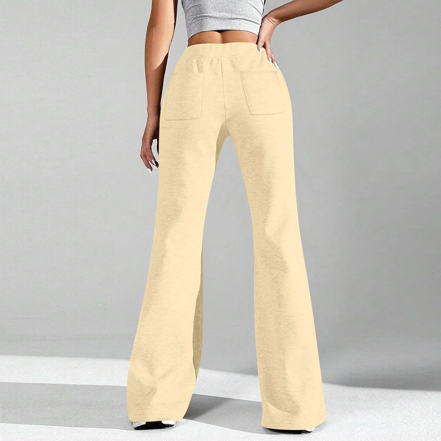 Flared Sweatpants for Women Baggy Drawstring High Waisted Yoga Pants Bell Bottom Tummy Control Sweat Pants w/Pockets