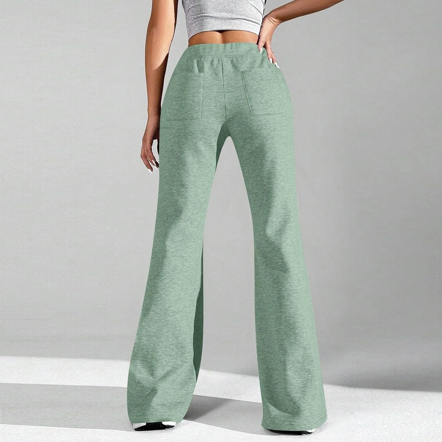 Flared Sweatpants for Women Baggy Drawstring High Waisted Yoga Pants Bell Bottom Tummy Control Sweat Pants w/Pockets