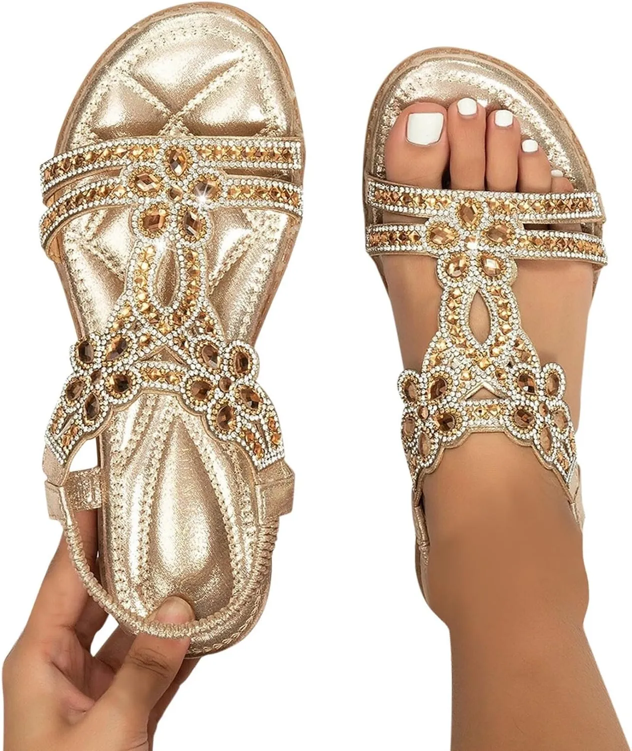 Flat Sandals for Women Dressy Open Toe Summer Elegant Walking Shoes T-Strap Buckle Bohemian Pearl Crystal Flat Casual Sandals