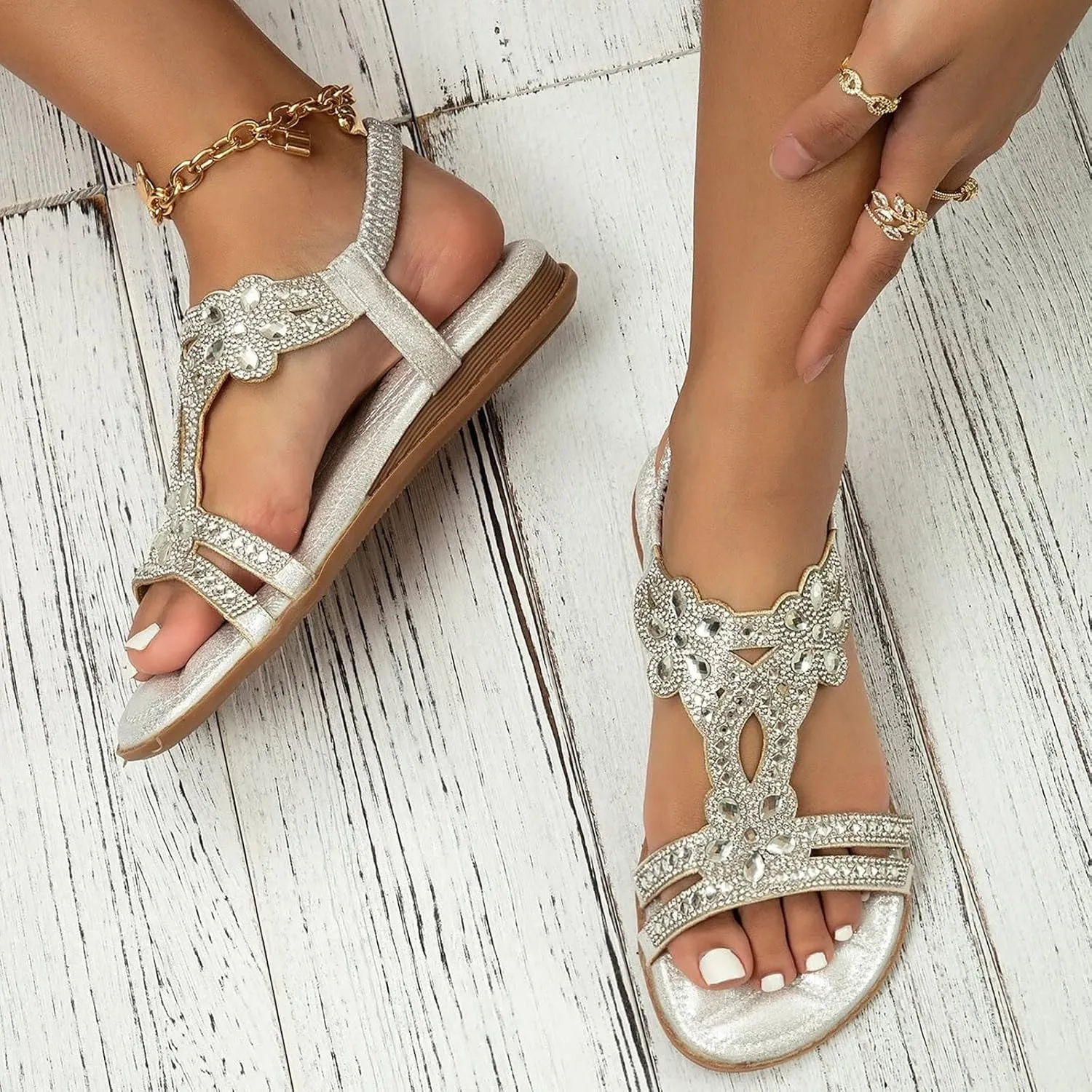 Flat Sandals for Women Dressy Open Toe Summer Elegant Walking Shoes T-Strap Buckle Bohemian Pearl Crystal Flat Casual Sandals