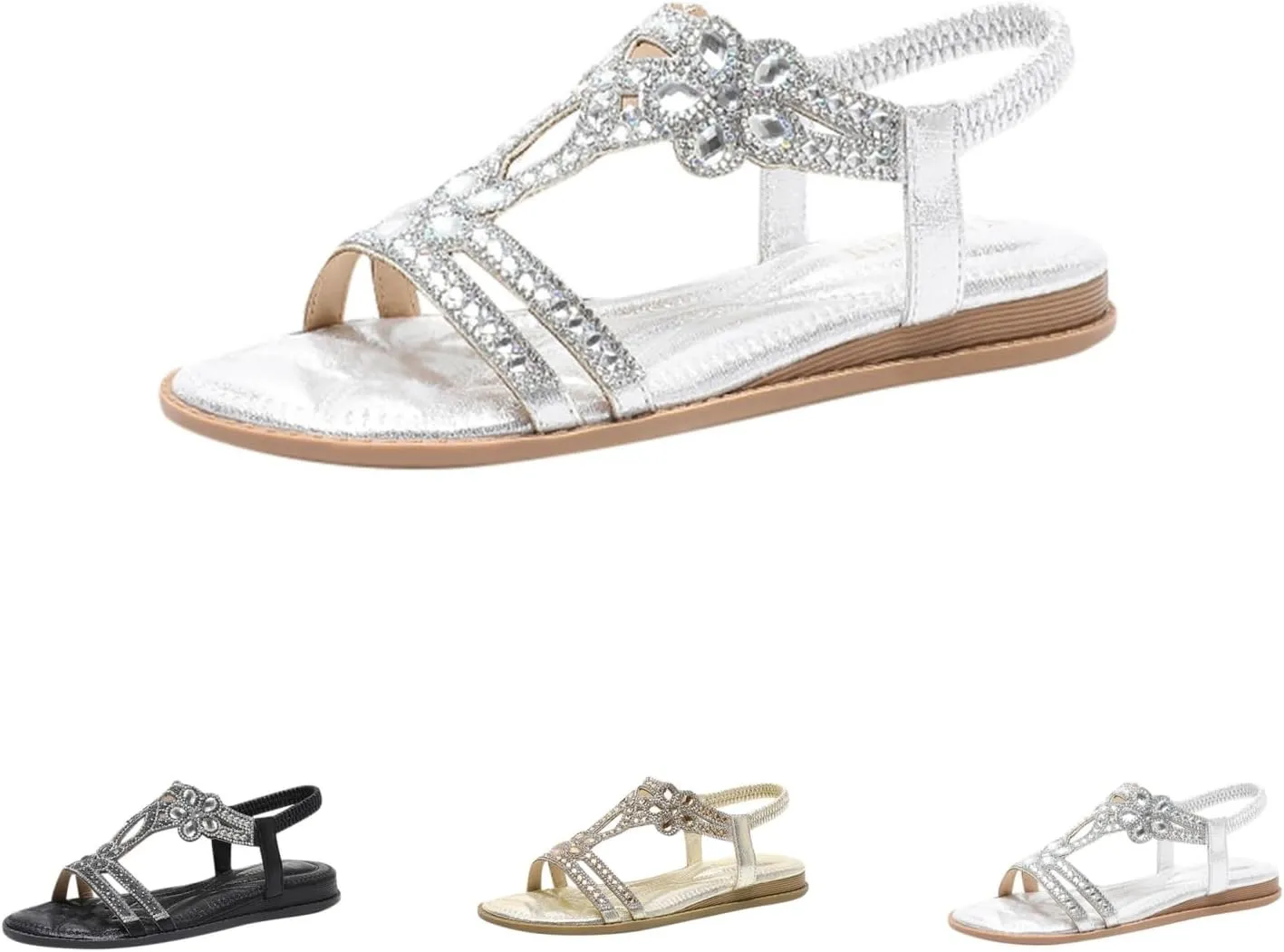 Flat Sandals for Women Dressy Open Toe Summer Elegant Walking Shoes T-Strap Buckle Bohemian Pearl Crystal Flat Casual Sandals