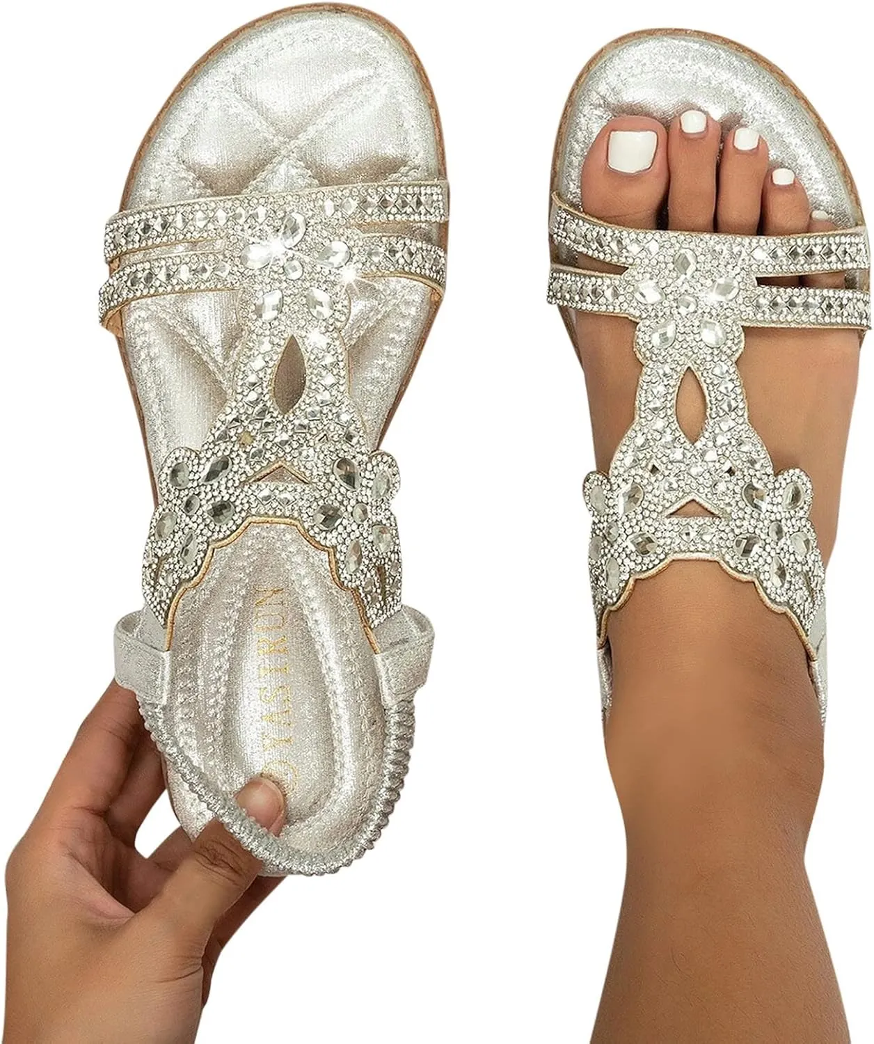 Flat Sandals for Women Dressy Open Toe Summer Elegant Walking Shoes T-Strap Buckle Bohemian Pearl Crystal Flat Casual Sandals