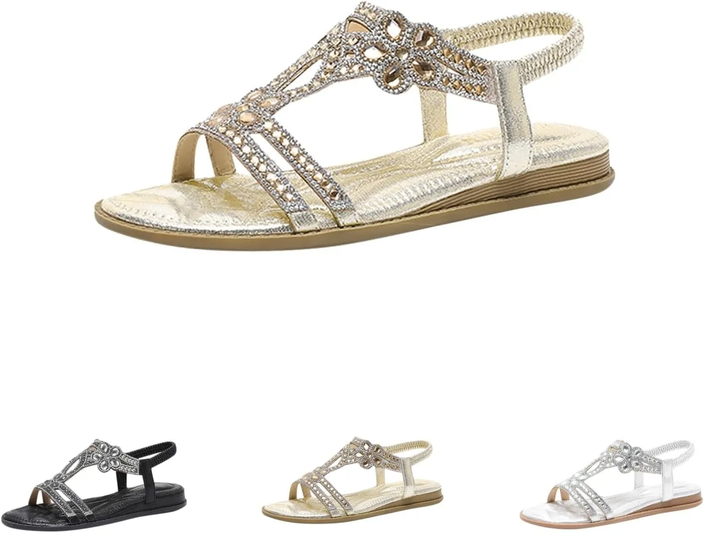 Flat Sandals for Women Dressy Open Toe Summer Elegant Walking Shoes T-Strap Buckle Bohemian Pearl Crystal Flat Casual Sandals