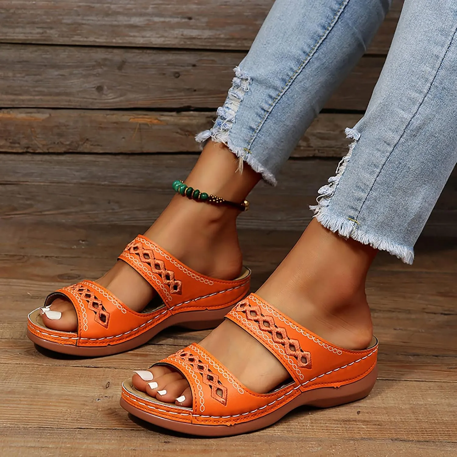 Flats Sandals for Women Orthopedic Bohemian Breathable Open Toe Adjustable 2025 Summer Walking Shoes