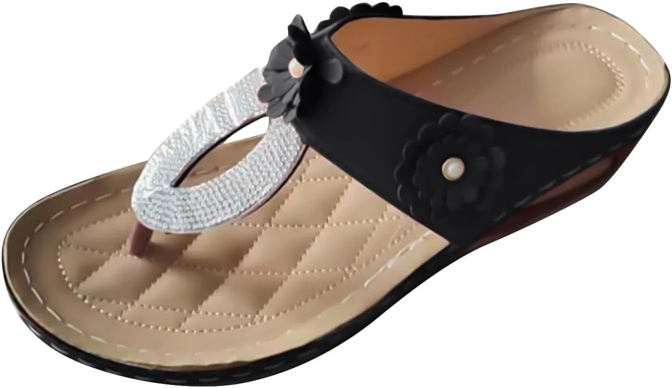 Flip Flops for Women Orthopedic Arch Support Sandals Wide Width Flat Slides Rhinestone Sandals Womens Summer Comfortable Beach Walking Shoes