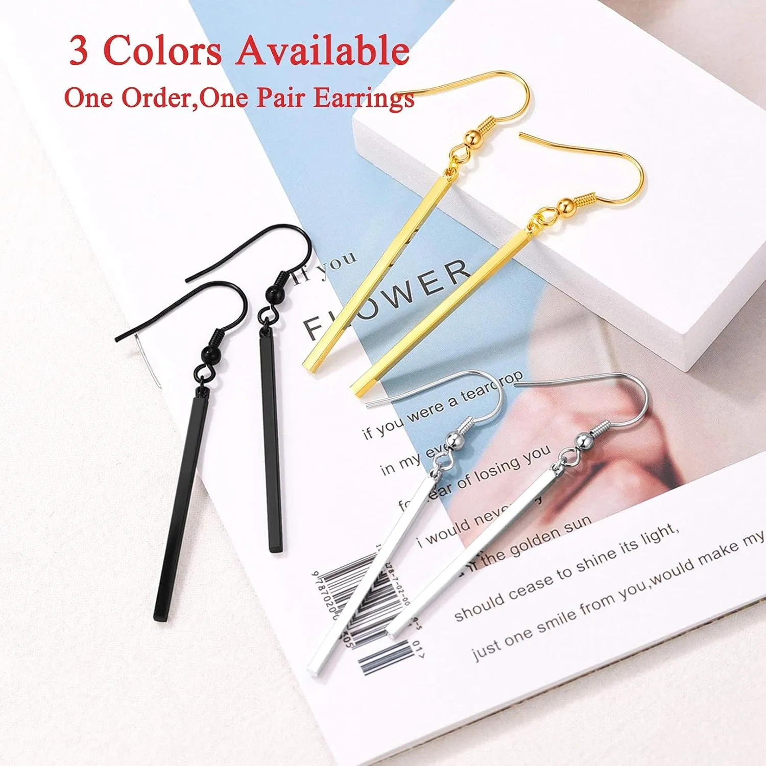 FOCALOOK Long Vertical Bar Dangle Earrings for Women Hypoallergenic 14K Gold Plated/Black/Silver Circle Hoop Bar Drop Earrings (With Gift Box)